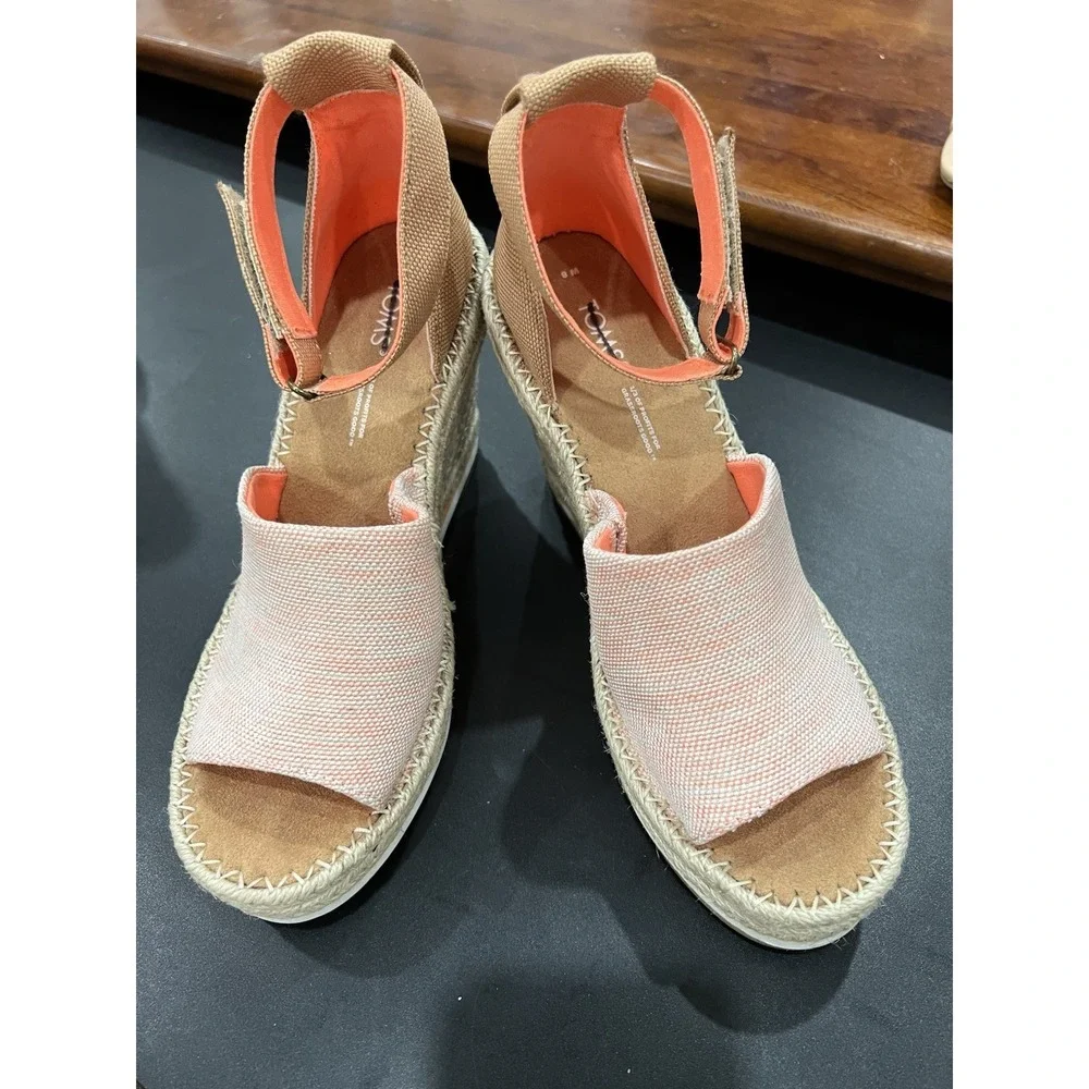 TOMS Women's Marisol Peep Toe Wedge Orange Sandals 8 M